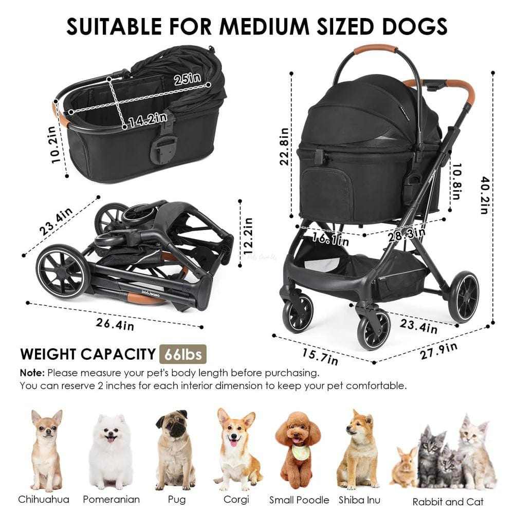 Beberoad T6 3-in-1 pet stroller for medium dogs up to 30kg with all-terrain wheels and detachable basket