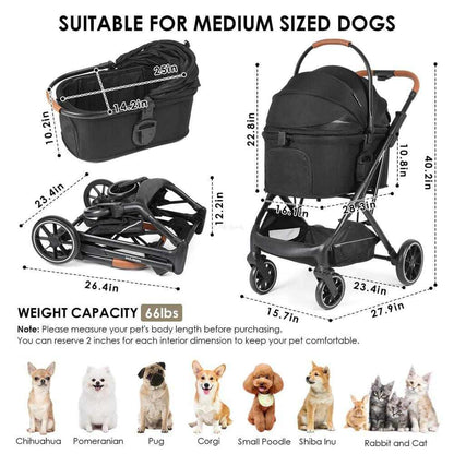 Beberoad T6 3-in-1 pet stroller for medium dogs up to 30kg with all-terrain wheels and detachable basket