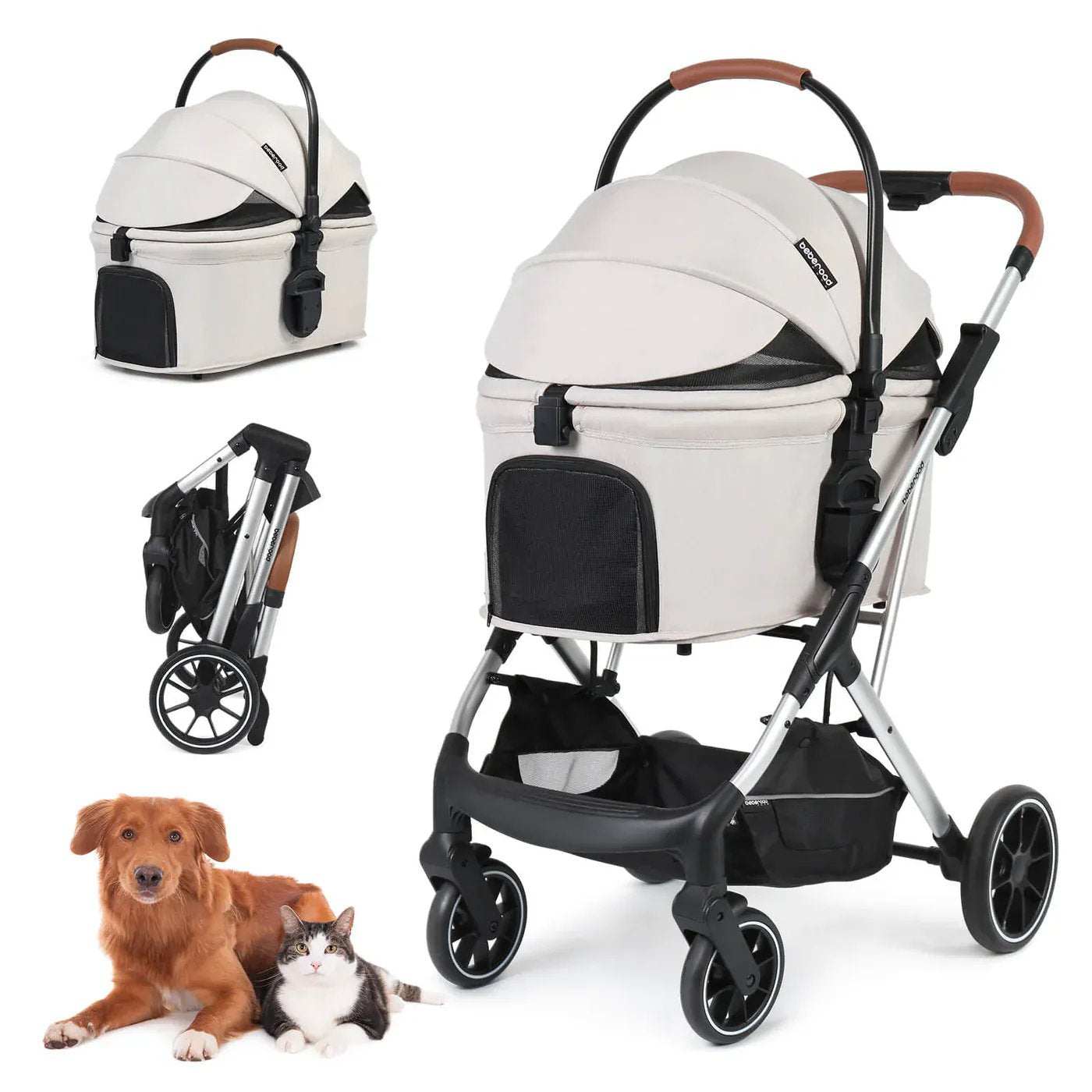 Beberoad T6 3-in-1 pet stroller for medium dogs up to 30kg with all-terrain wheels and detachable basket