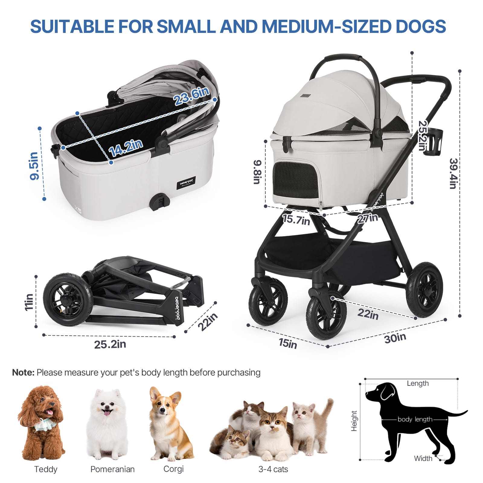 Beberoad X5 3-in-1 pet stroller for medium pets up to 25kg with lightweight, one-hand fold, and versatile design
