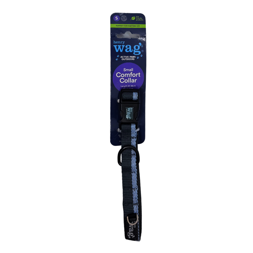 Blue and grey Henry Wag Comfort Dog Collar with neoprene padding and reflective stitching