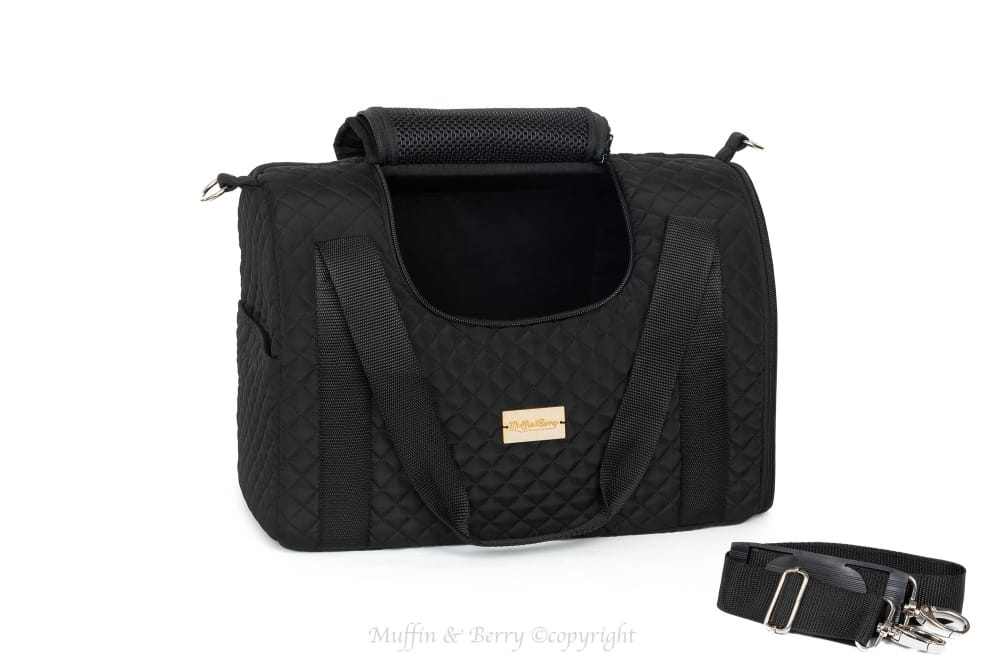 Muffin & Berry House Carrier black pet carrier with mesh windows, shoulder strap, and removable pillow