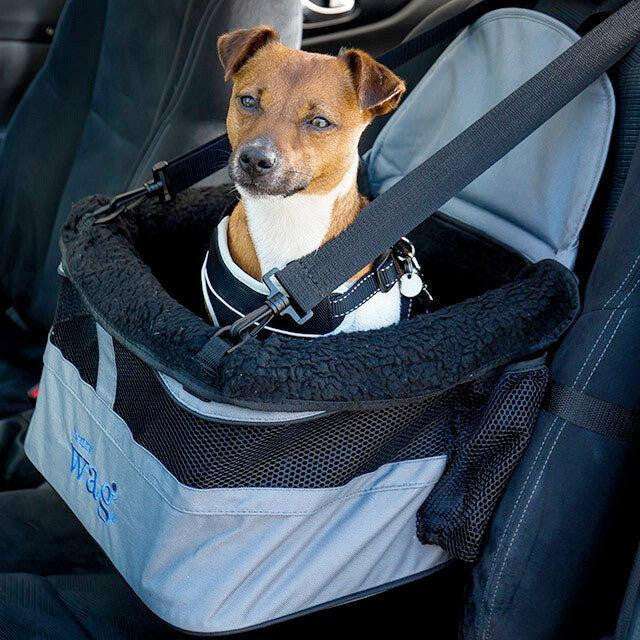 Henry Wag Dog Car Booster Seat securely fitted in car with padded base and harness clip for small dogs up to 8kg