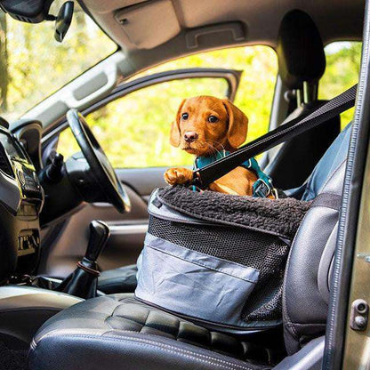 Henry Wag Dog Car Booster Seat secured in car with padded base and fleece liner for small dogs up to 8kg