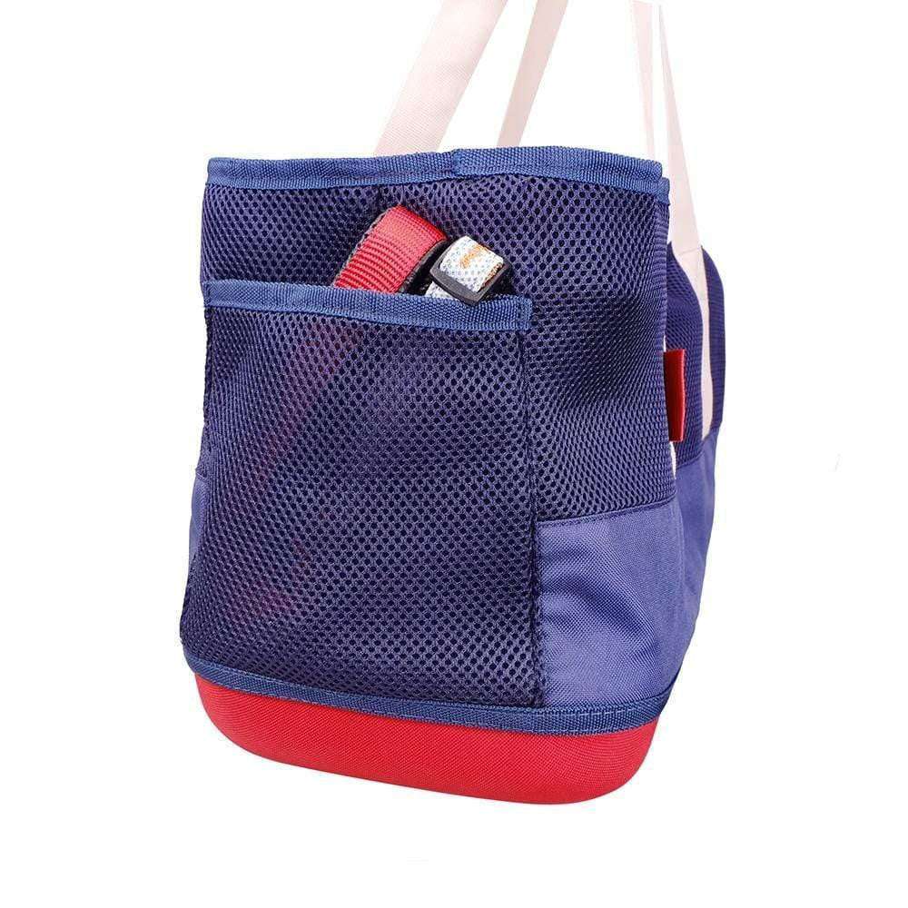 Breathable Dachshund carrier bag in navy and khaki with mesh ventilation and hardshell bottom