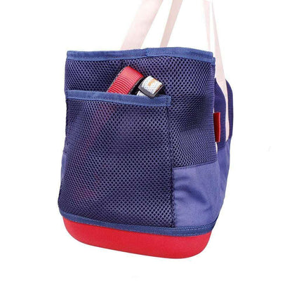 Breathable Dachshund carrier bag in navy and khaki with mesh ventilation and hardshell bottom