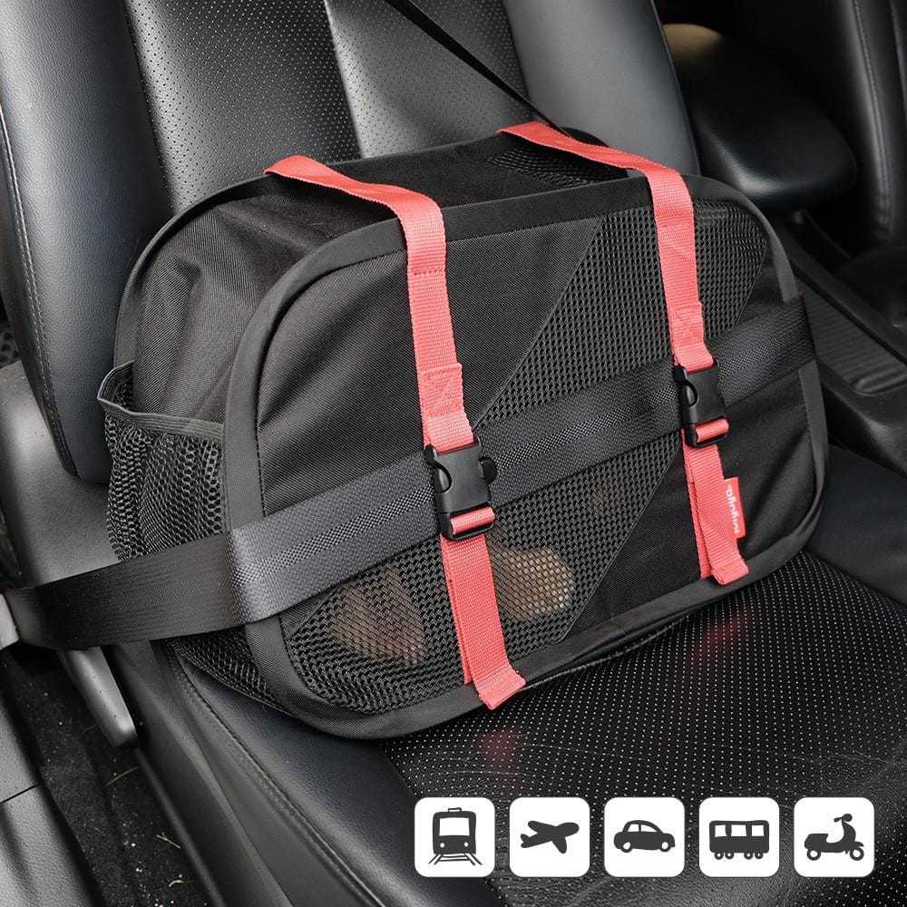 Ibiyaya Flying Pal foldable black and red pet travel carrier designed for airplane cabin and car seat use with mesh ventilation