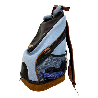 Ibiyaya Lightweight Pet Backpack in denim with mesh ventilation and EVA hard shell bottom for small dogs and cats