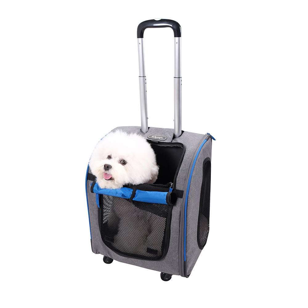 Ibiyaya Liso Backpack Parallel Transport Pet Trolley in two colors with mesh windows and 360-degree swivel wheels for pet travel