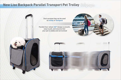 Ibiyaya Liso Backpack Parallel Transport Pet Trolley in two colors with 360-degree wheels and mesh ventilation for small pets