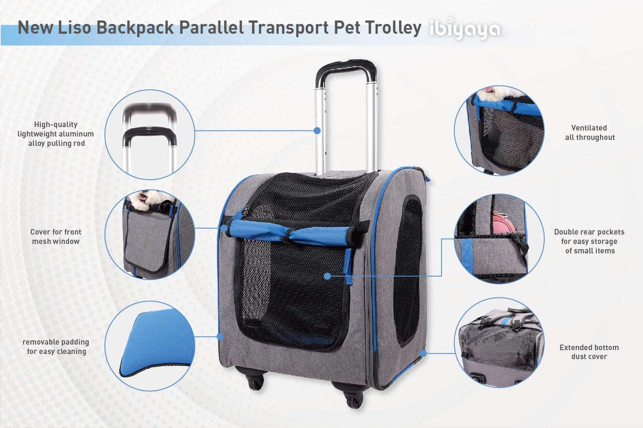 Ibiyaya Liso Backpack pet trolley in two colors with 360-degree swivel wheels and mesh ventilation windows
