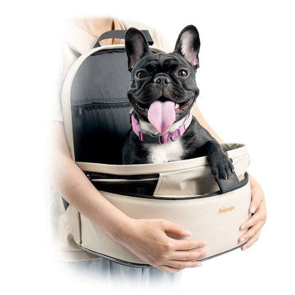 Ibiyaya Panorama zipper-free small pet travel carrier in buttermilk color with ergonomic backpack, chest carry, and wheeled transport options