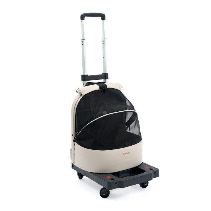 Ibiyaya Panorama zipper-free small pet travel carrier in buttermilk color with convertible backpack, chest carrier, and wheeled transport options