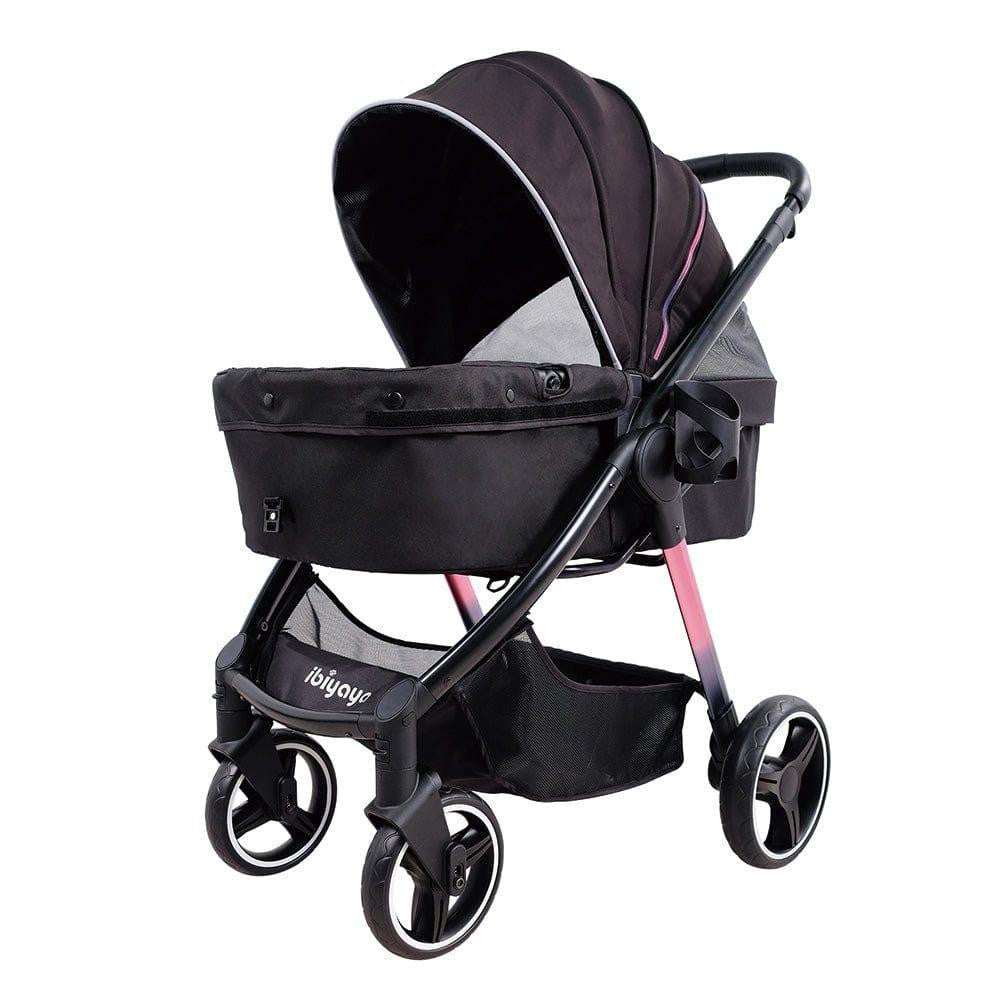 Ibiyaya Retro Luxe pet stroller in prism black with lightweight gradient frame and 360° mesh cabin for dogs and cats