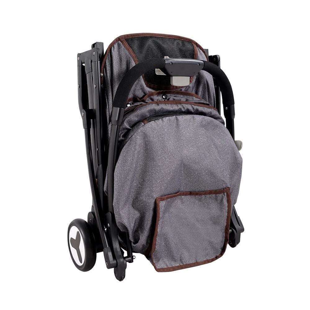 Grey jeans Speedy Fold Pet Pram by Ibiyaya with compact, foldable design and cushioned pet cabin