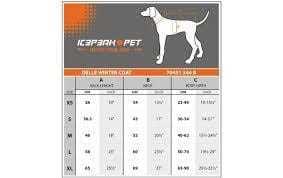 Icepeak Delle Winter Coat sizing guide for dogs showing various size options from XS to XL