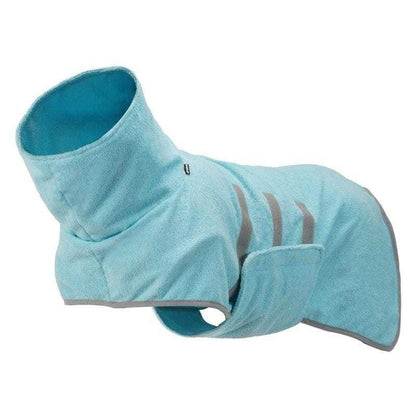 Dog wearing Icepeak Splash Micro Bathrobe in sky blue microfiber after bath.