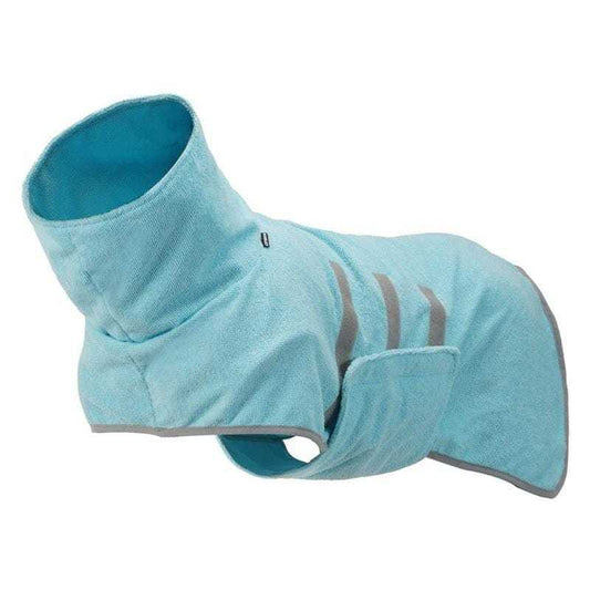Dog wearing Icepeak Splash Micro Bathrobe in sky blue microfiber after bath.