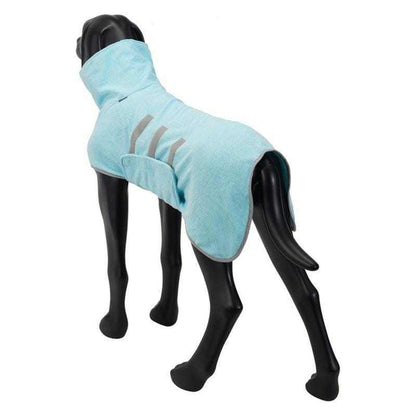 Dog wearing sky blue Icepeak Splash Micro Bathrobe drying after bath outdoors