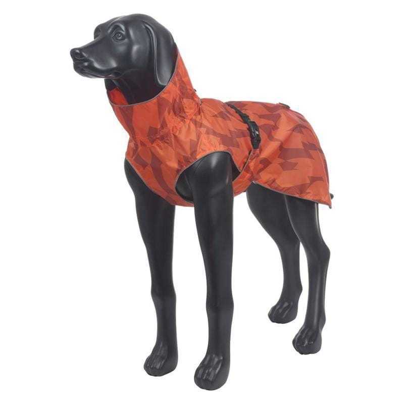 Icepeak Sprint Raincoat in bright orange on a dog, lightweight waterproof dog raincoat with adjustable fit and high-visibility design