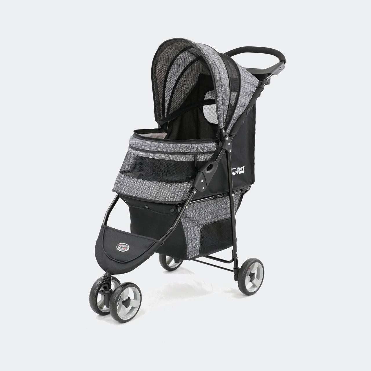 Innopet Avenue Dog and Cat Pram with rain cover in shiny grey, lightweight stroller for small pets with swivel front wheel and storage compartments