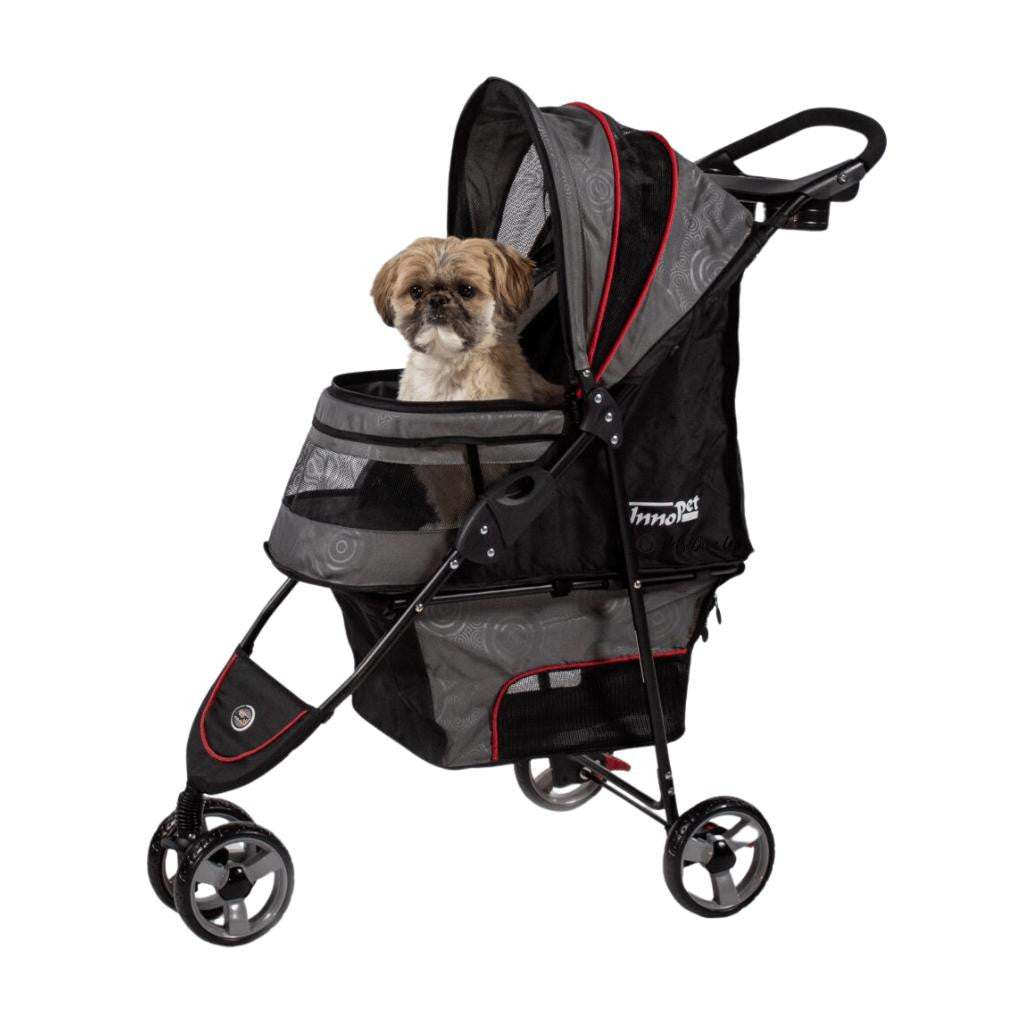 Innopet Avenue Dog and Cat Pram with rain cover in shiny grey, lightweight stroller for small pets with swivel front wheel and storage compartments