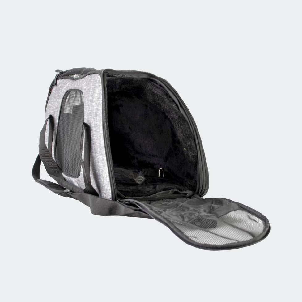 Heather grey InnoPet Carry-Me Sleeper pet carrier and fold-out bed with adjustable strap and storage pockets