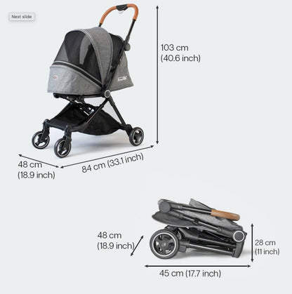 Innopet City Buggy pet stroller with swivel wheels, mesh canopy, and under storage basket for small breeds