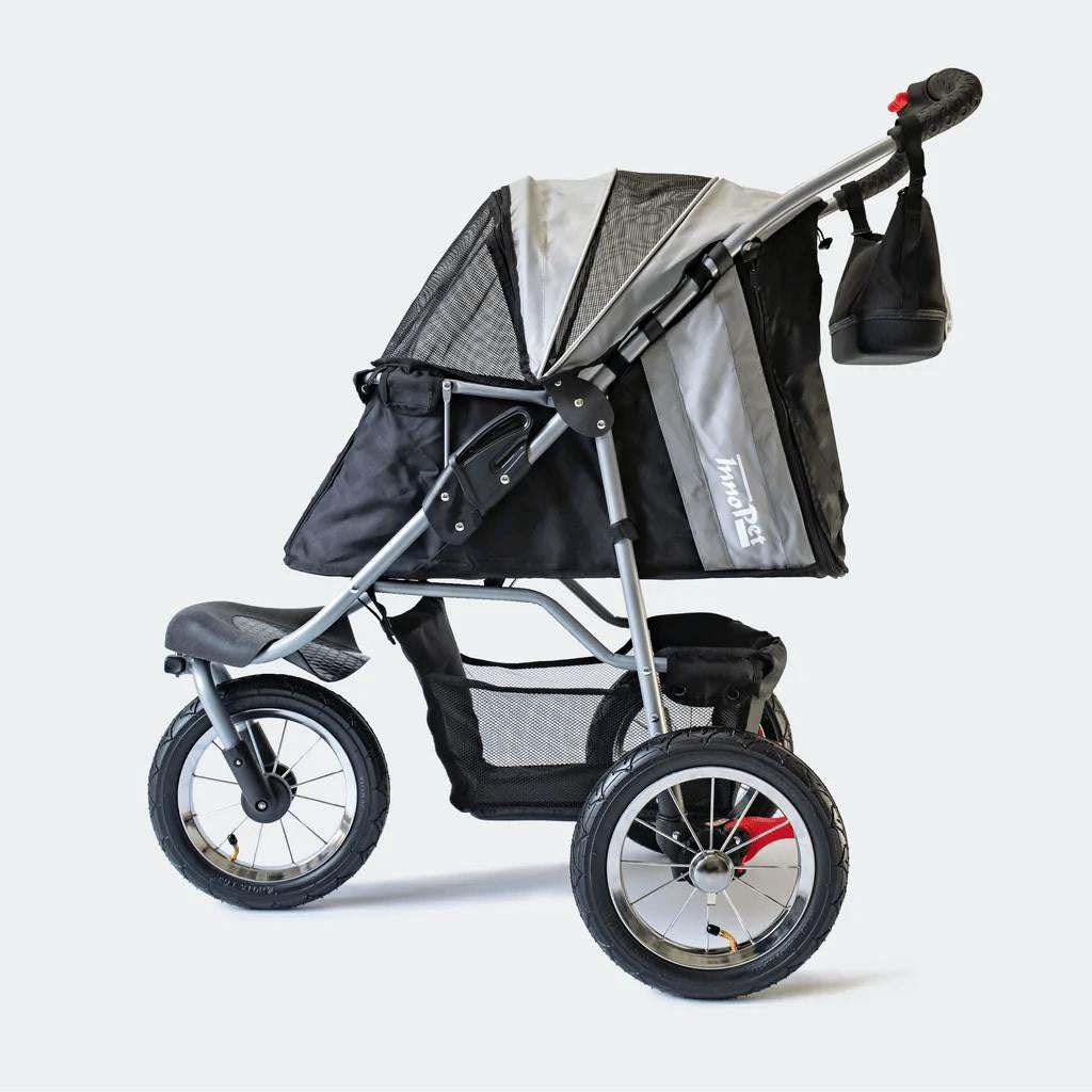 Innopet Comfort AIR ECO dog stroller in black and silver grey with mesh windows and air-filled tyres