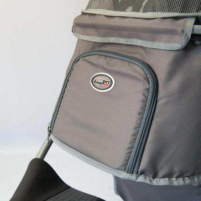 Innopet Comfort AIR ECO dog stroller and pet pram in black and silver grey, designed for medium dogs and cats with air-filled tires and mesh windows for ventilation