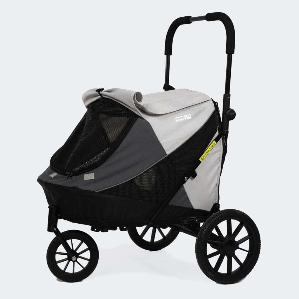 Innopet Noah Pet Stroller in two colors, lightweight and stylish with breathable mesh panels and foldable design for small to medium pets.