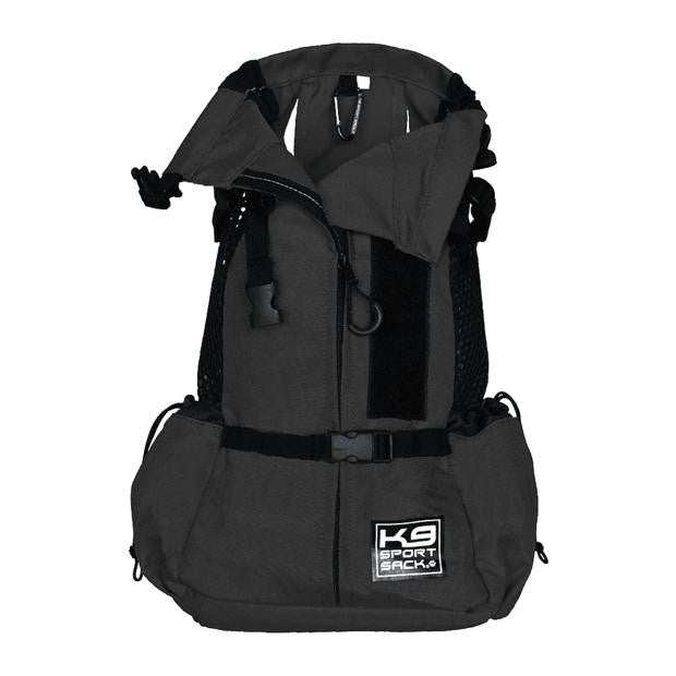 K9 Sports Sack Air 2 dog backpack in grey for small to medium dogs, showing ventilated panels and adjustable straps