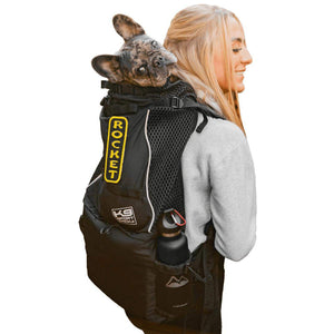 K9 Sports Sack Knavigate dog backpack carrier in black and grey with adjustable internal frame and padded hip belt