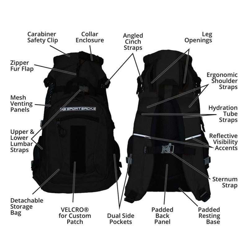 K9 Sports Sack Plus 2 dog backpack carrier in black and grey with storage pack and padded straps for small to medium dogs