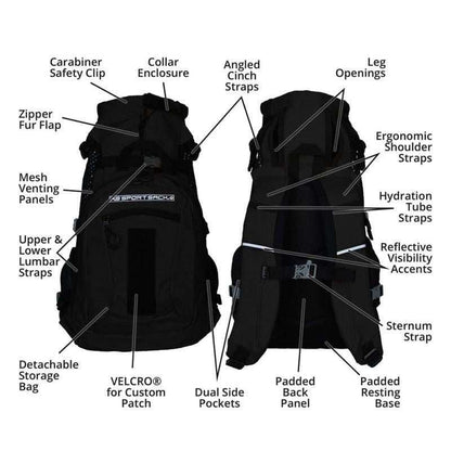 K9 Sports Sack Plus 2 dog backpack carrier in black and grey with storage pack and padded straps for small to medium dogs