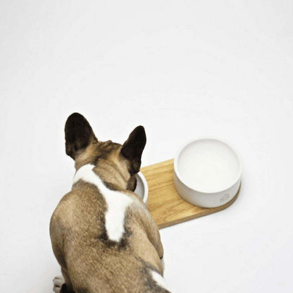 Vuku Double Buffet luxury dog bowls with concrete bowls and oak wood base