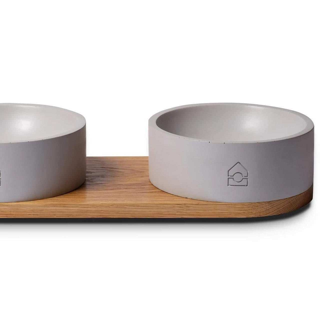 Vuku Double Buffet luxury dog bowls with oak base and concrete bowls for pet feeding