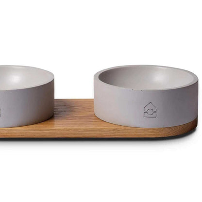 Vuku Double Buffet luxury dog bowls with oak base and concrete bowls for pet feeding