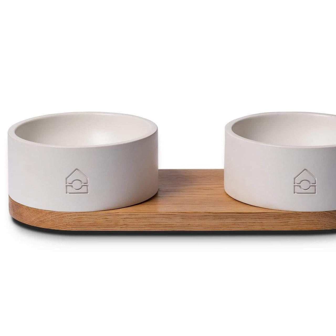 Vuku Double Buffet luxury dog bowls with oak base and concrete bowls for pet feeding and watering