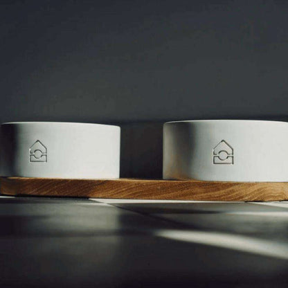 Vuku Double Buffet luxury dog bowls with concrete bowls and oak base