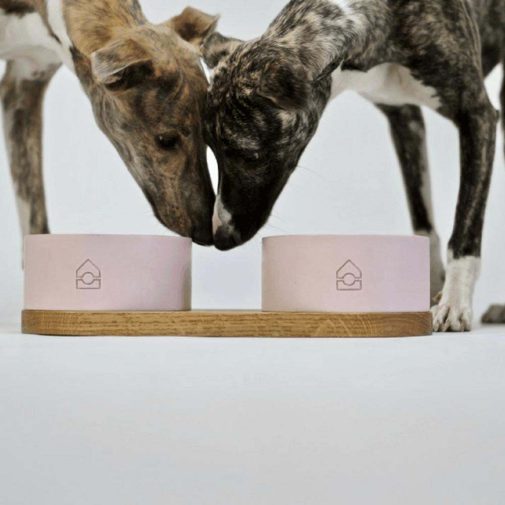 Vuku Double Buffet luxury dog bowls with oak base and concrete bowls