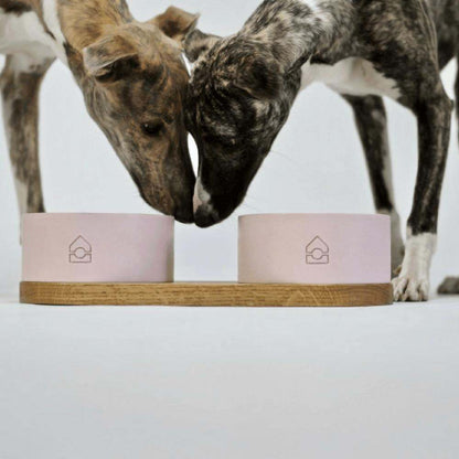 Vuku Double Buffet luxury dog bowls with oak base and concrete bowls