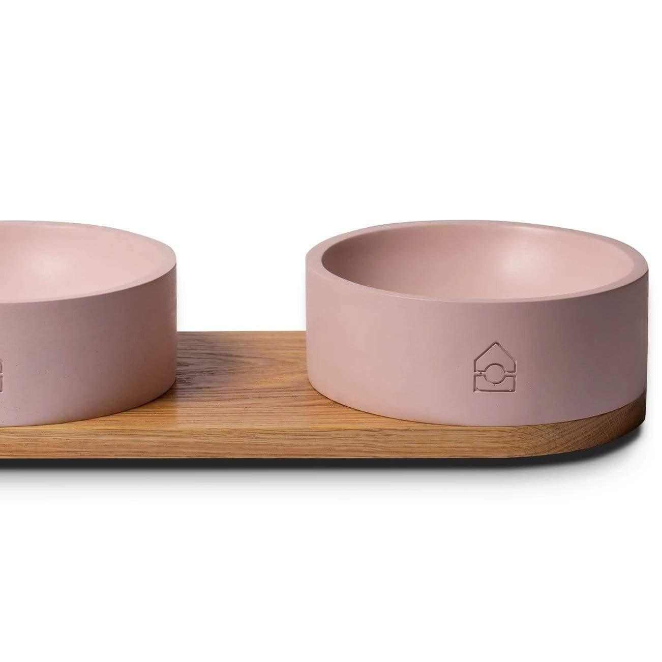 Vuku Double Buffet luxury dog bowls with concrete bowls and oak wood base for elegant pet feeding