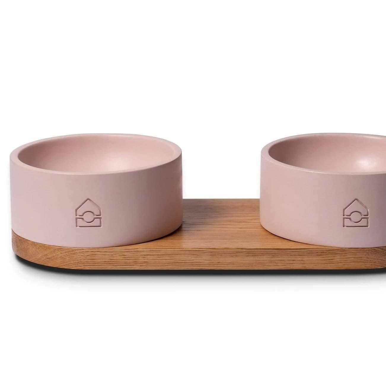 Vuku Double Buffet luxury concrete dog bowls with oak base for pet feeding and watering