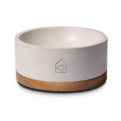 Vuku Single Buffet luxury dog bowl with architectural concrete bowl and natural oak base