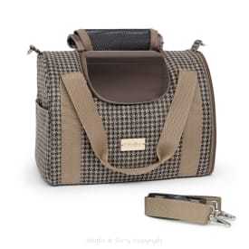 Muffin & Berry House Carrier brown soft-sided pet carrier with mesh windows, detachable shoulder strap, and breathable cotton lining