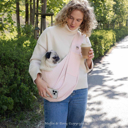 Muffin & Berry Sling Carrier for pets made of breathable cotton with built-in leash and outer pocket