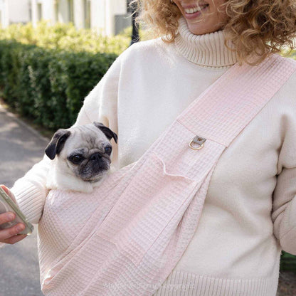 Muffin & Berry Sling Carrier for Pets by Maya, lightweight cotton pet sling with safety leash and pocket
