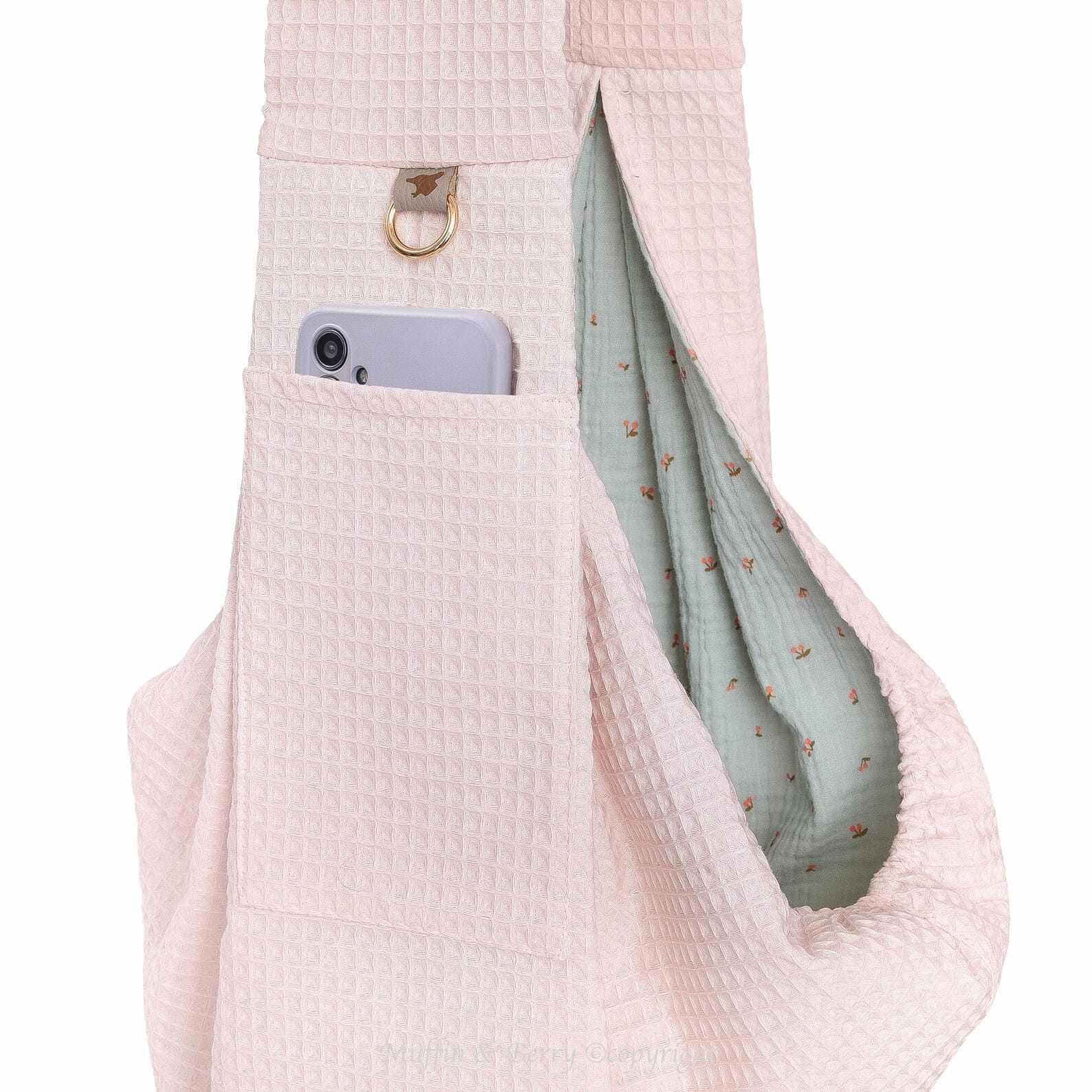 Muffin & Berry Sling Carrier for pets made of breathable cotton, lightweight and stylish with safety leash and outer pocket.