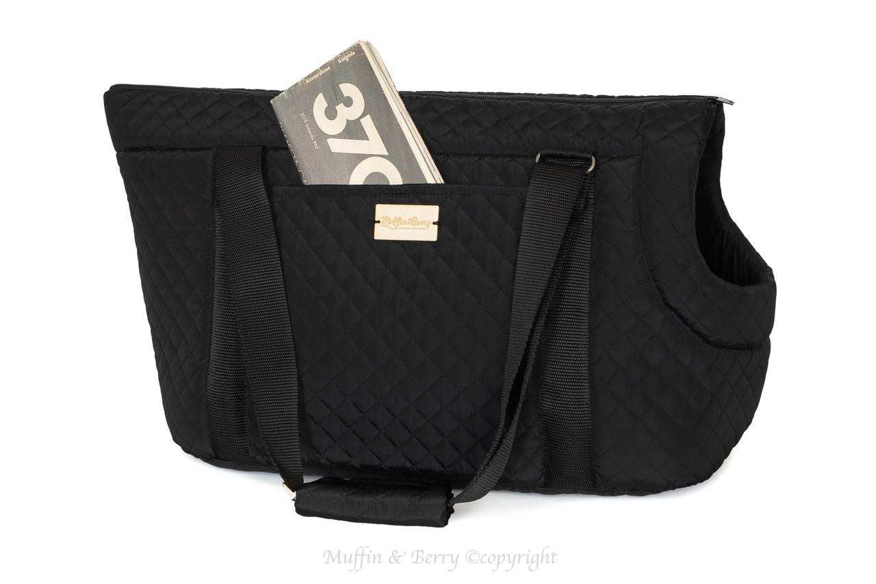 Muffin & Berry black quilted soft luxury dog carrier with removable lid and safety leash